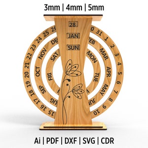 Calendario perpetuo tagliato al laser, file digitale del calendario, calendario progettato con ornamenti Ai, Pdf, Eps, Dxf, Svg, file Cdr, per acrilico e taglio del legno