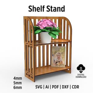 Boerderij display plank lasergesneden Svg-bestanden, decoratieve display desktopstandaard, 2 planken standaard met gelaagde laden Lasergesneden Svg- en dx-bestanden