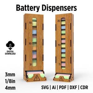 Distributore di batterie AA e AAA per file tagliati al laser da parete e da scrivania, organizzatore intelligente con file SVG e DXF ad accesso rapido
