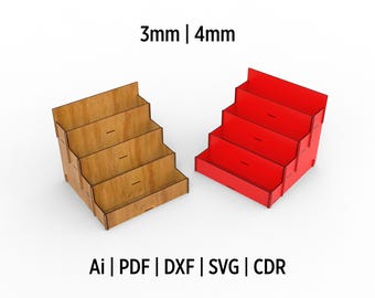Könnte beinhalten: Zwei 4-stufige Präsentationsständer, einer aus Holz und einer aus rotem Acryl. Beide Ständer sind 3 mm dick und 4 mm breit. Die Ständer sind für die Präsentation von Visitenkarten oder anderen kleinen Gegenständen konzipiert.