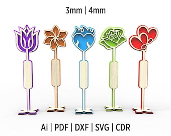 Two Layered 5 Flowers Set Design Laser Cut Svg Files, Vector Files For Wood and Acrylic Laser Cutting Cdr, Dxf, Eps, Ai, Svg and Pdf File