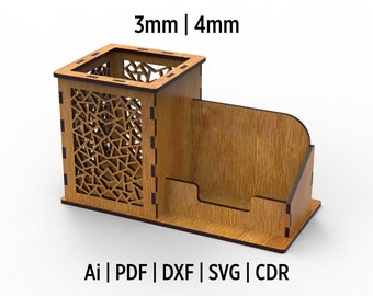 Business Card And Pencil Holder Laser Cut Svg Files For Laser Cutting, Desktop Pencil Holder Box