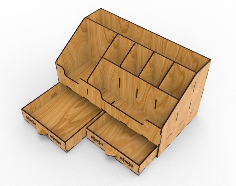 May include: Wooden desk organizer with multiple compartments and a pull-out drawer. The organizer is made of light brown wood with a natural wood grain.