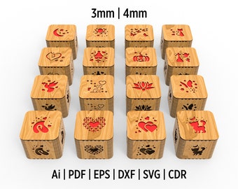 16 diferentes cajas de regalo decorativas redondeadas cortadas con láser archivos Dxf, Svg, CDR, Ai, Pdf para corte de madera. Incluye joyeros con tapas.