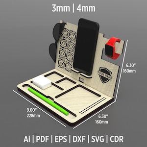 Bureauorganisator lasergesneden Svg-, Ai-, Pdf-, Eps-, Dxf- en CDR-bestanden, Dock Station-bestanden, telefoonhouder gesneden bestand, Vectorbestanden voor lasersnijden