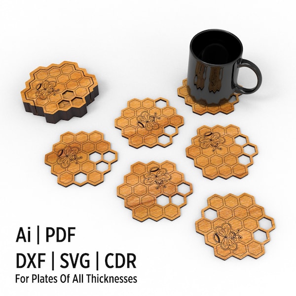Honeycomb Coasters With Holder Svg File, Laser Cut Coasters Set of 6 Cnc Vector Templates
