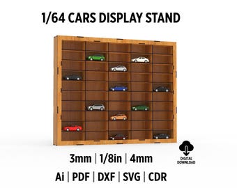 May include: A wooden display stand for 1/64 scale model cars. The stand has 18 compartments and is made of 3mm thick wood. The stand is available in digital download formats: AI, PDF, DXF, SVG, and CDR.