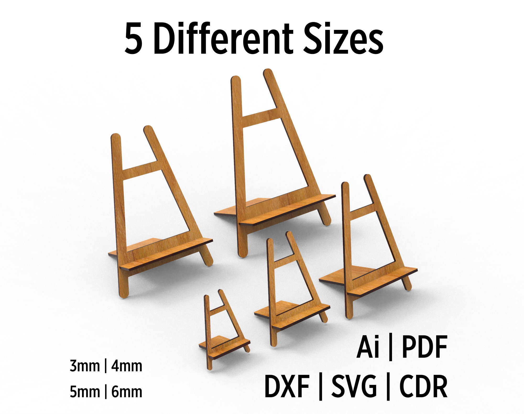 Easel Display Stands 5 Different Sizes, Laser Cut Svg and Vector Files For Wood And Acrylic Laser Cutting, Picture and Painting Stand