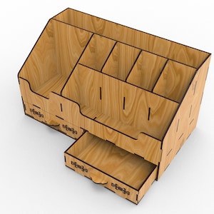 May include: A wooden desk organizer with multiple compartments and a drawer. The organizer is made of light brown wood with a natural wood grain finish. The compartments are of varying sizes and are perfect for storing pens, pencils, paper clips, and other office supplies. The drawer is located at the bottom of the organizer and can be used to store larger items.