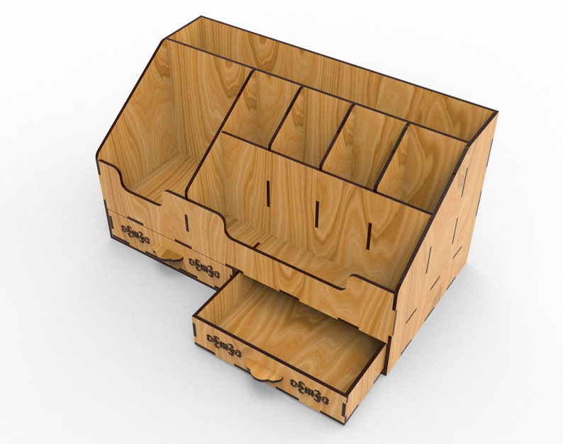 May include: A wooden desk organizer with multiple compartments and a drawer. The organizer is made of light brown wood with a natural wood grain finish. The compartments are of varying sizes and are perfect for storing pens, pencils, paper clips, and other office supplies. The drawer is located at the bottom of the organizer and can be used to store larger items.