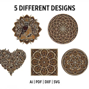 File laser SVG e DXF di mandala decorativi multistrato di Buddha, file SVG spirituali intricati, decorazioni murali artistiche, arte della meditazione
