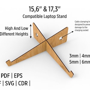 Soporte elevador para portátil y monitor, compatible con corte de madera o acrílico, archivo cortado a láser, dos alturas diferentes con orificio protector para el conector de carga.