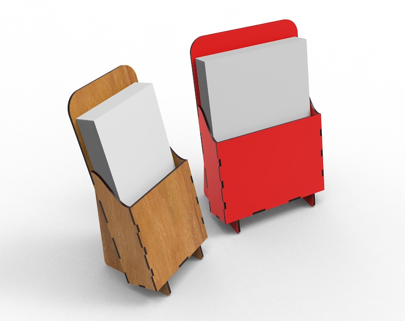May include: Two wooden display stands with a white card inside. One stand is brown wood and the other is red.