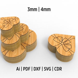 Herzförmige Laser geschnittene Geschenkbox in 3 verschiedenen Größen Zeichnungs-Svg- und Dxf-Dateien, Weihnachtsgeschenkbox Laserdateien, Schmuckkästchen-Zeichnungsdateien