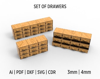 Set di cassetti per la scrivania, file di taglio laser SVG con diverse dimensioni, idee per l'organizzazione della scrivania, scatole di immagazzinaggio impilabili in più dimensioni