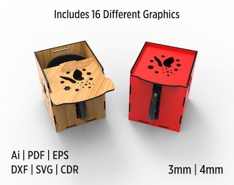 Mug Box Laser Cut Files, Acrylic or Wooden Mug Box Laser Cut Files, Vector Files For Wood Laser Cutting With 16 Different Designs -Version 2