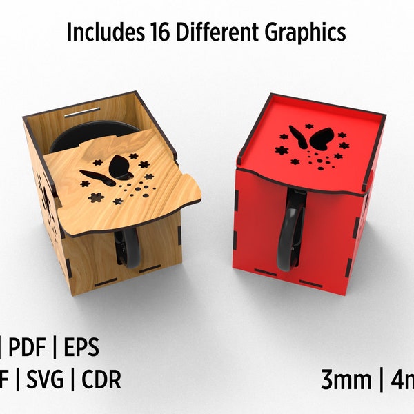 Mug Box Laser Cut Dateien, Acryl oder Holz Becher Box Laser Cut Dateien, Vektordateien für Holz Laserschneiden mit 16 verschiedenen Designs -Version 2