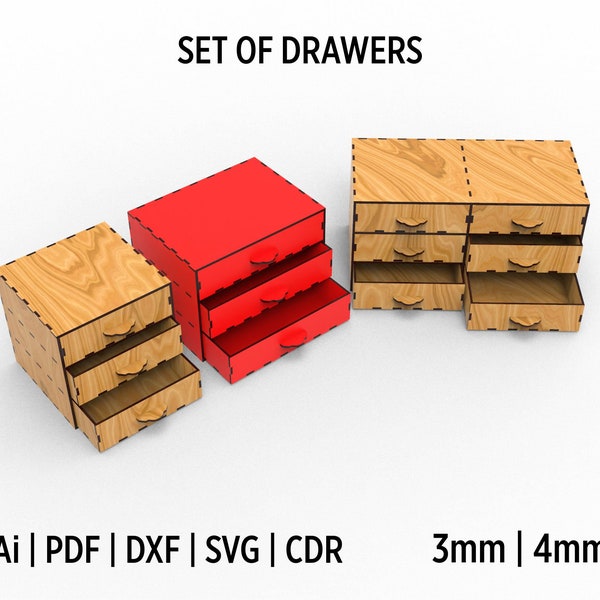 Desktop Storage Drawer Set Svg Laser Cutting Files With Different Sizes, Desk Organization Ideas, Stackable Storage Boxes In Multiple Sizes