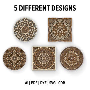 File di taglio laser SVG e DXF Mandala multistrato decorativi, il pacchetto include 5 diversi design, decorazioni artistiche per pareti