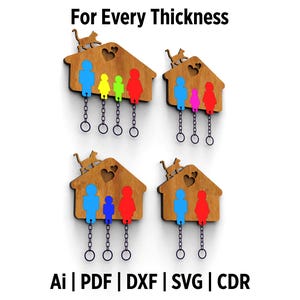 Puede incluir: Un conjunto de cuatro llaveros de madera que representan una casa con un gato en el techo y una familia de cinco personas dentro. Los llaveros están disponibles en diferentes colores y están diseñados para diferentes espesores de madera. El texto "For Every Thickness" se muestra en la parte superior de la imagen. El texto "Ai | PDF | DXF | SVG | CDR" se muestra en la parte inferior de la imagen.