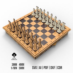 Archivo de corte láser de juego de ajedrez, archivos SVG de juego de mesa, descarga digital, juego mental para niños, archivo de corte para madera y acrílico compatible con Glowforce