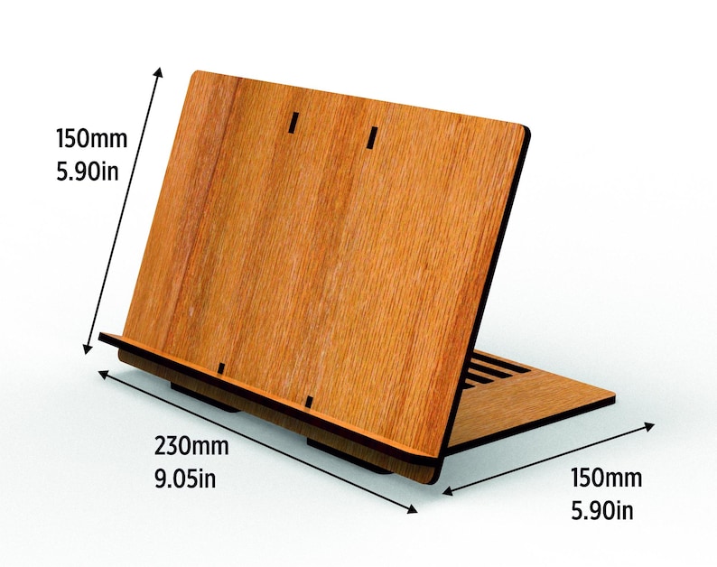 May include: A wooden book stand with a natural wood grain finish. The stand is 9.05 inches wide, 5.90 inches deep, and 5.90 inches tall. It features a sloped design for holding books and a small ledge to keep pages in place.