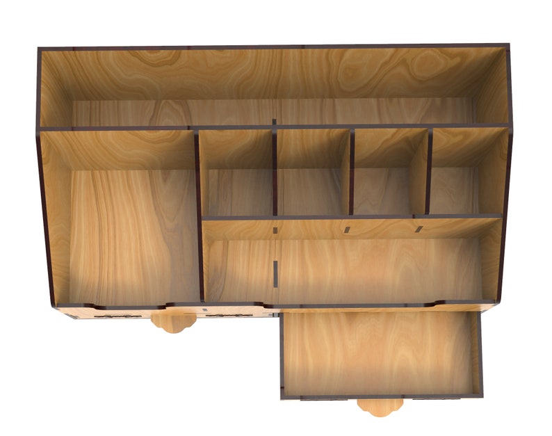 May include: A wooden organizer with multiple compartments and a drawer. The organizer is made of light brown wood with dark brown accents. The compartments are open and empty.