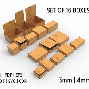 16 Verschiedene Größen mit Klappdeckel Laser Cut Box Bundle Zeichnung Vektordateien für Holz oder Acryl Laserschneiden