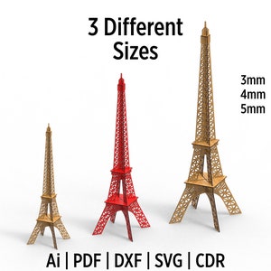 3 file di taglio laser della Torre Eiffel di diverse dimensioni, file di design della decorazione della Torre Eiffel in formato SVG e DXF, Tour Eiffel in formato DXF e file tagliati in formato SVG