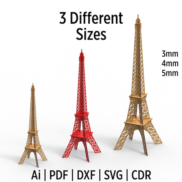 3 Different Size Eiffel Tower Laser Cut Files, Eiffel Tower Decoration Design Svg and Dxf Files, Tour Eiffel dxf et fichiers coupés svg