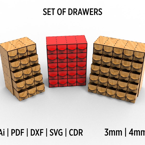 Ensemble de tiroirs de rangement de bureau, fichiers de découpe laser Svg de différentes tailles, idées d'organisation de bureau, boîtes de rangement empilables de plusieurs tailles