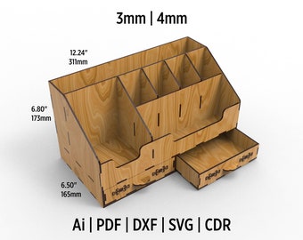 Schreibtisch Organizer mit Schubladen Laser Cut Dateien svg, dxf, ai, pdf, Cdr und eps Format. Fertig zum Schneiden. Kompatibel für Holz- und Acrylschneiden.