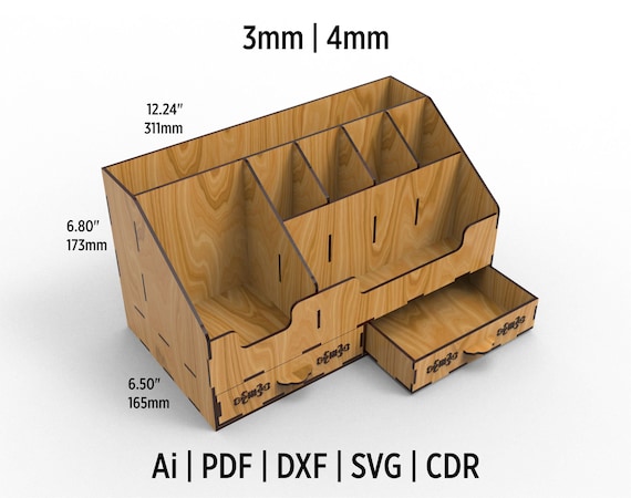 Desktop Organizer With Drawers Laser Cut Files Svg, Dxf, Ai, Pdf, Cdr And Eps Format. Ready to Cut. Compatible for wood and acrylic cutting.