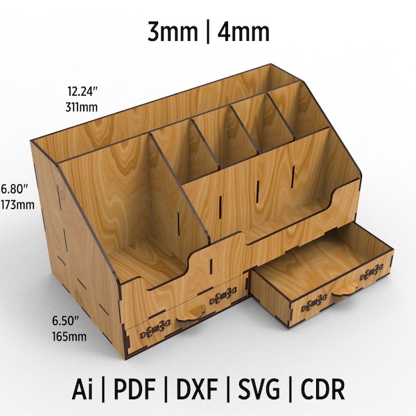 Schreibtisch Organizer mit Schubladen Laser Cut Dateien svg, dxf, ai, pdf, Cdr und eps Format. Fertig zum Schneiden. Kompatibel für Holz- und Acrylschneiden.