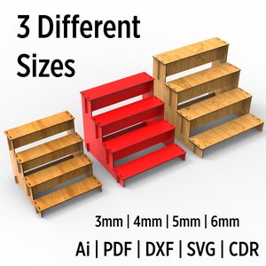 Expositor modular de 3 tamaños diferentes con 4 estantes, archivos de diseño cortados con láser en formato SVG y vectorial.