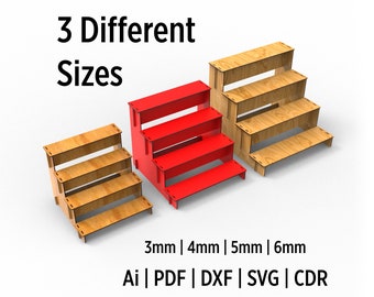 May include: Three wooden display shelves in different sizes, 3mm, 4mm, 5mm, and 6mm. The shelves are in natural wood and red. The shelves are stacked on top of each other to create a tiered display.