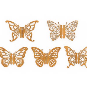 Pu&ograve; includere: Cinque ritagli di farfalle in legno in vari disegni. Le farfalle sono di un caldo colore legno naturale e presentano intricati motivi alari. I disegni includono trafori e forme geometriche, perfetti per progetti di artigianato o decorazioni per la casa.