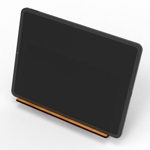 May include: A black tablet is propped up on a wooden stand. The tablet's screen is dark, and the stand is a light brown color. The stand is rectangular and appears to be made of wood.