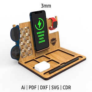 May include: A wooden charging station with a wireless charging pad for a phone, a watch holder, a sunglasses holder, and a pen holder. The station is made of light brown wood and has a dark brown trim. The phone is charging and has a green charging indicator on the screen. The watch is red. The sunglasses are blue. The pen is black. The station has the text "WIRELESS CHARGE DOCK STATION" and "YOUR NAME" on it.