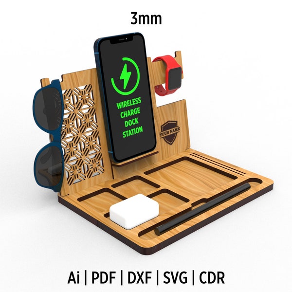 Apple iPhone Compatible  Wireless Charge Dock Station Files, Desk Organizer Laser Cut Svg, Ai, Pdf, Eps, Dxf and CDR Files, For Laser Cut