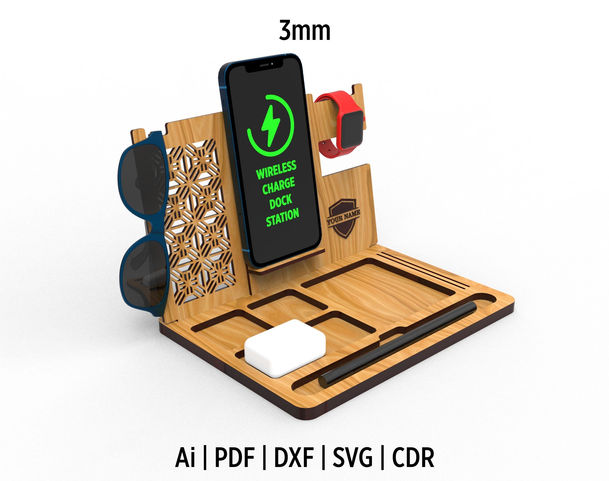 Apple iPhone Compatible  Wireless Charge Dock Station Files, Desk Organizer Laser Cut Svg, Ai, Pdf, Eps, Dxf and CDR Files, For Laser Cut