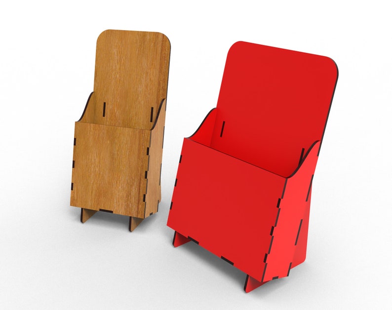 May include: Two wooden brochure holders, one brown and one red, with a slot for holding pamphlets or flyers. The holders are made of plywood and have a simple, modern design.