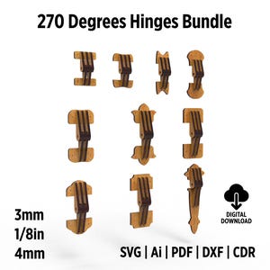 Pacote de design de dobradiças de 270 graus, arquivos SVG para corte a laser, dobradiças para caixas de 90 graus, 10 designs diferentes, arquivos SVG e DXF