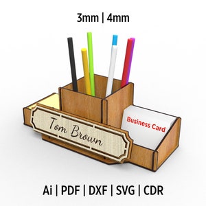 Cartão de visita e porta-lápis com placa de identificação, arquivos SVG cortados a laser para corte a laser, caixa porta-lápis de mesa