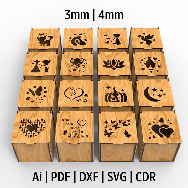 16 Different Decorative Gift Box Laser Cut Dxf, Svg, CDR, Ai, Pdf and Eps Files For Wood Cutting. Includes Gift Boxes With Lids.