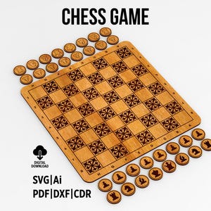 May include: A wooden chess board with a laser-cut pattern and matching circular game pieces. The text CHESS GAME is at the top, and the text DIGITAL DOWNLOAD SVG|Ai PDF|DXF|CDR is at the bottom left. The board features grid coordinates.