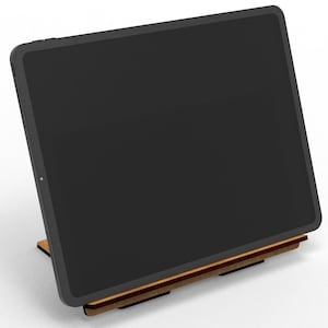 May include: A black tablet is displayed on a wooden stand. The tablet has a dark screen and a black frame. The stand is made of layered wood with a natural finish, providing a stable base for the device. The setup is angled slightly, showcasing the tablet's screen.
