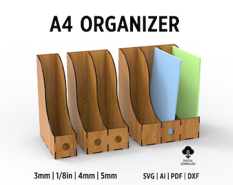 Peut inclure: Un organisateur A4 en bois avec quatre compartiments. L'organisateur est de 3 mm, 1/8 po, 4 mm ou 5 mm d'épaisseur. Téléchargement numérique disponible aux formats SVG, AI, PDF et DXF.