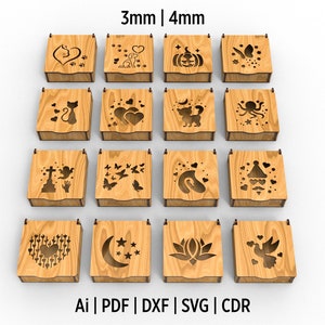 16 Verschiedene dekorative Geschenkboxen Laser Cut Dxf-, SVG-, CDR-, Ai-, Pdf- und Eps-Dateien für das Holzschneiden. Inklusive Schmuck- und Geschenkboxen mit Deckeln.
