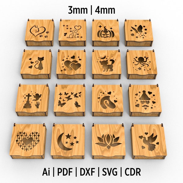 16 Different Decorative Gift Box Laser Cut Dxf, Svg, CDR, Ai, Pdf and Eps Files For Wood Cutting. Includes Jewelry Boxes With Lids.